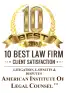 10 Best Law Firm Award for Client Satisfaction - The American Institute of Legal Counsel